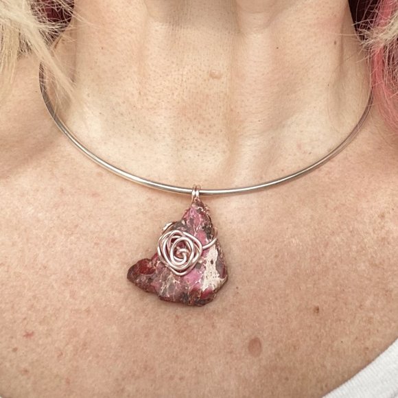 Pink Jasper Chunk Rosegold Wire Wrapped Pendant Handcrafted - Picture 6 of 10